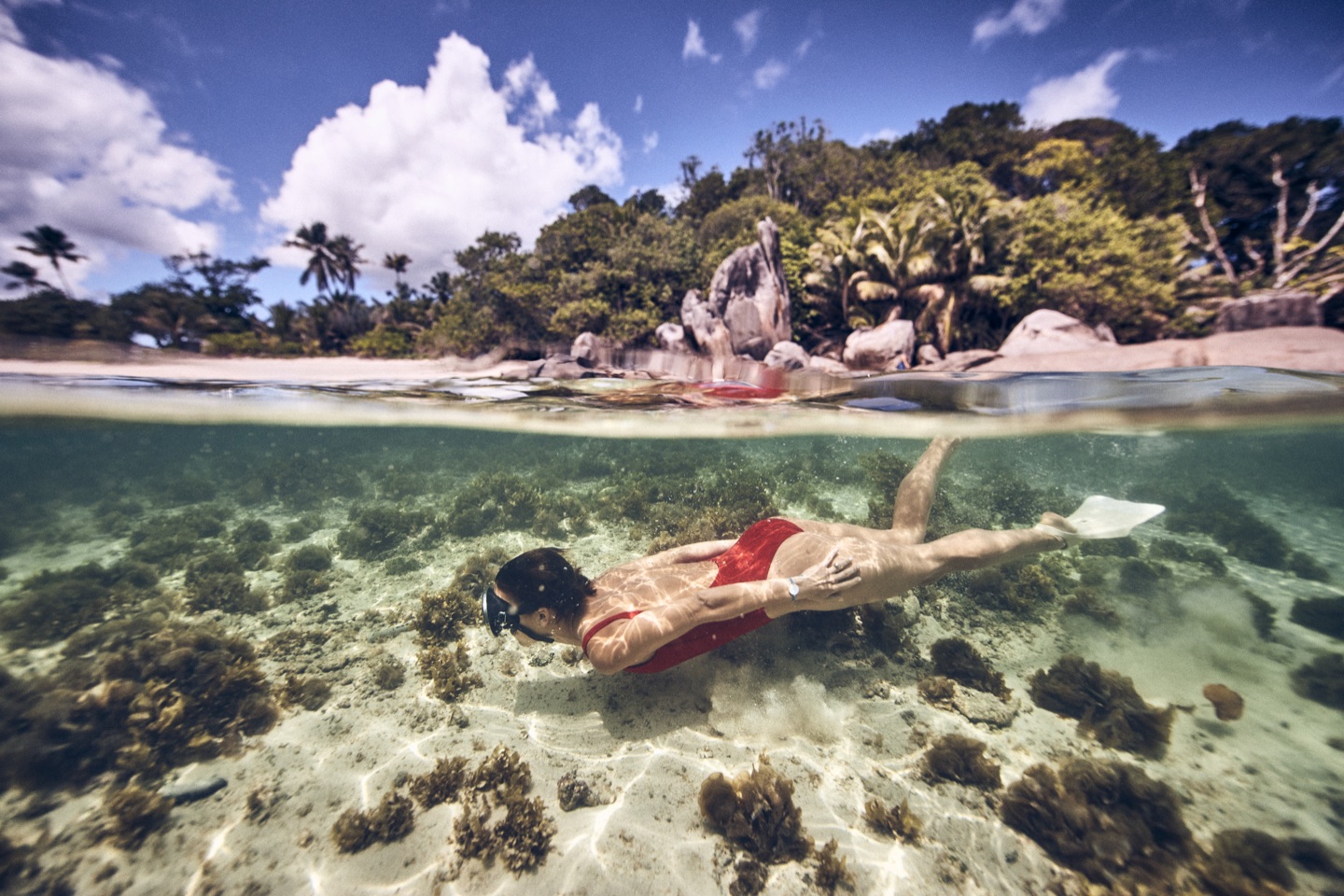 Snorkelling in the clear waters of the Seychelles